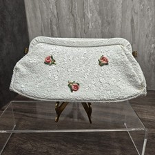 Vintage Garay Sequin Clutch Purse w/ Coin Purse White Pink Floral Unique Closure