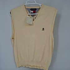 Vintage Tommy Hilfiger Vneck Cotton Knit Sweater Vest Men  s L Yellow /Crest Logo