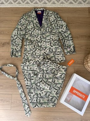 Opposuits One Hundred Dollar Bill Benjamin Franklin Novelty 3 Pc Suit Sz 44 M