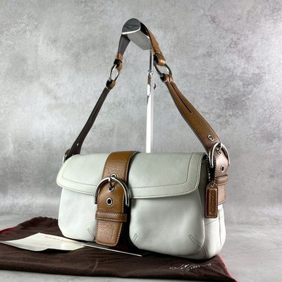 Coach Soho Double Pocket 3653 Y2K Leather Shoulder Bag White Brown Silver Auth