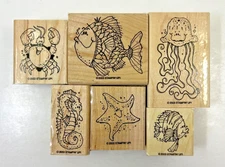 Stampin' Up! "FISHY FRIENDS" Retired Stamp Set of 6: Fish Crab Seahorse Seastar