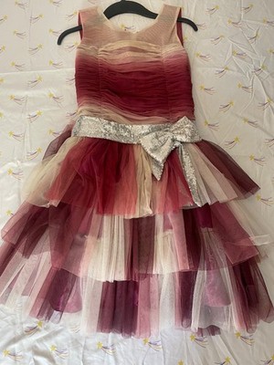 Girls Burgundy Tiered Tulle Party Dress Silver Sequin Bow