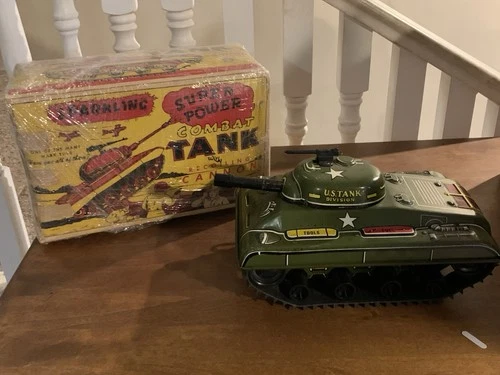 Super power Marx Tin Litho Windup Army Tank  - 1950s - W Original Box