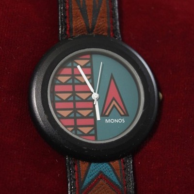 Vintage Monos Uhr Armband Leder & Stoff Design 80er Jahre Pop Art
