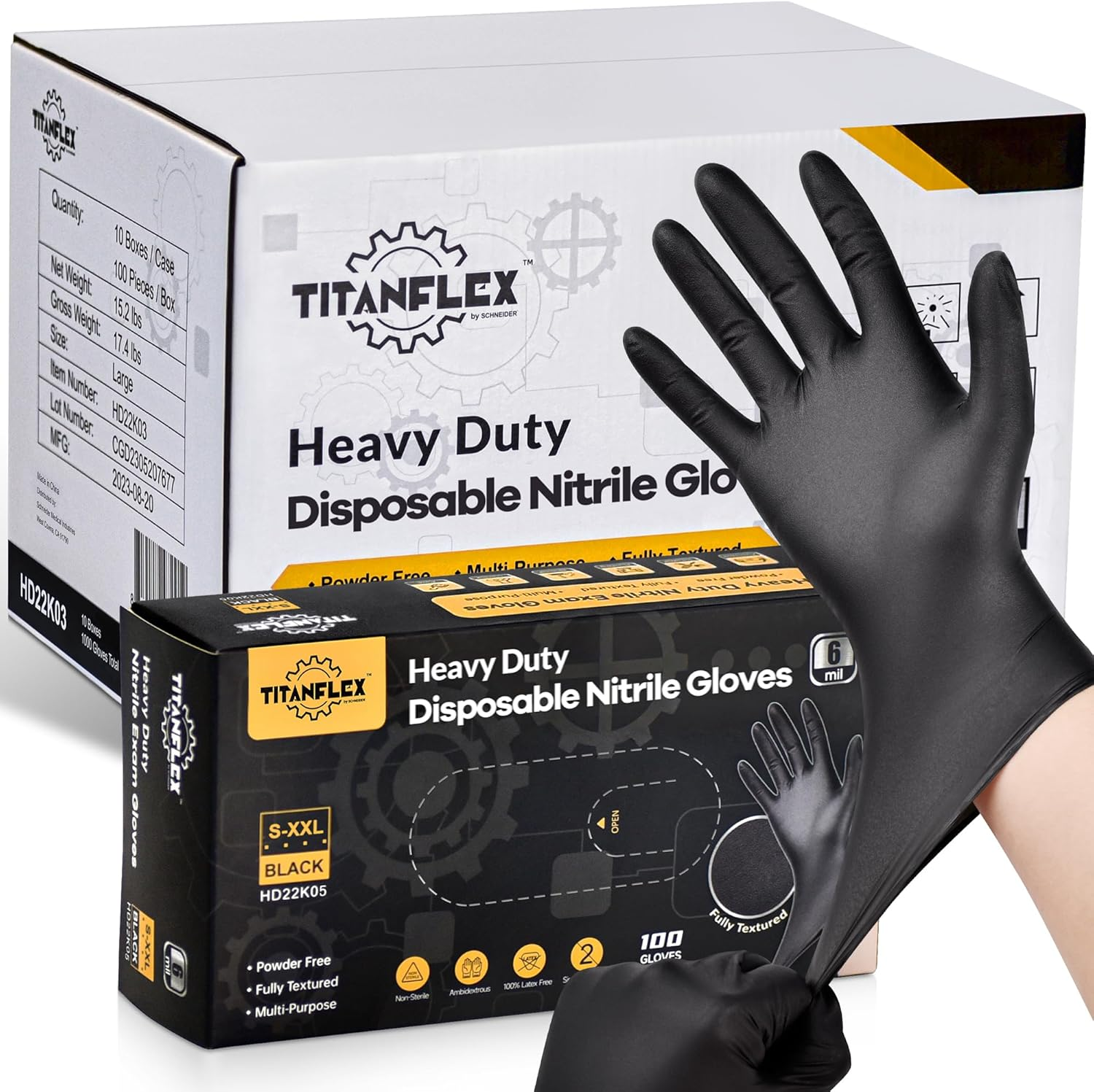 Heavy Duty Black Nitrile Gloves, 6 Mil, Fully Textured, Mechanic Disposable Glov