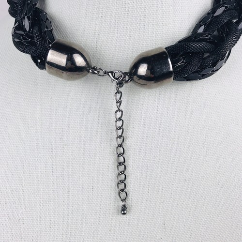 6 Strand Chunky Braid Necklace Black Metal Mesh Tube and Cylinder Link Chain 18” - Picture 8 of 9