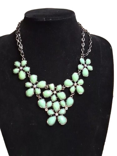 Green Floral Statment Necklace With Rhinestones Double Chain 20 In With 3 In Ext
