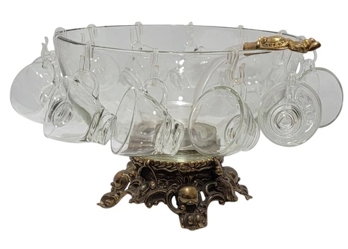 Original PITMAN-DREITZER PUNCH BOWL 15pc Set Ornate Stand Ladle 12 Cups Prop