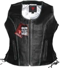Ladies Zipper Motorcycle Side Lace Distress Black Leather Vest Concealed Carry 