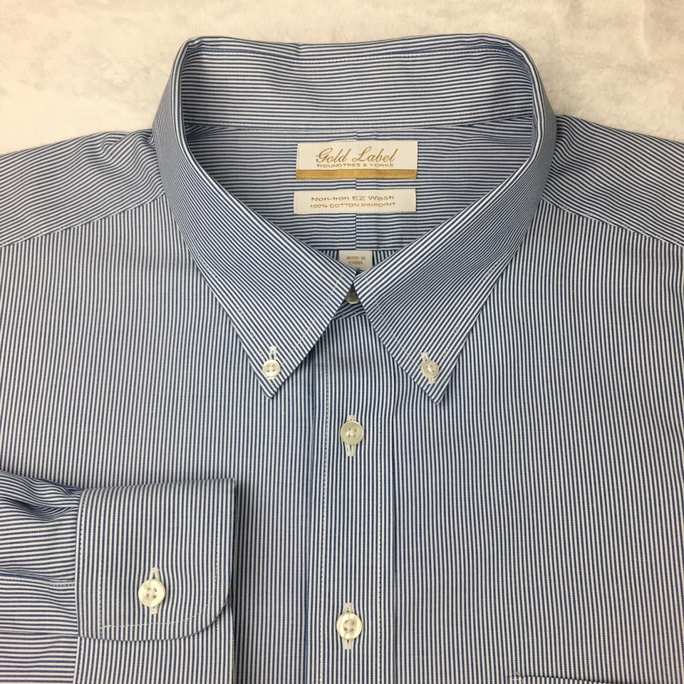 Roundtree & Yorke Gold Label Dress Shirt Mens 19-35 Big Blue White Pinstripes - Image 2 of 4