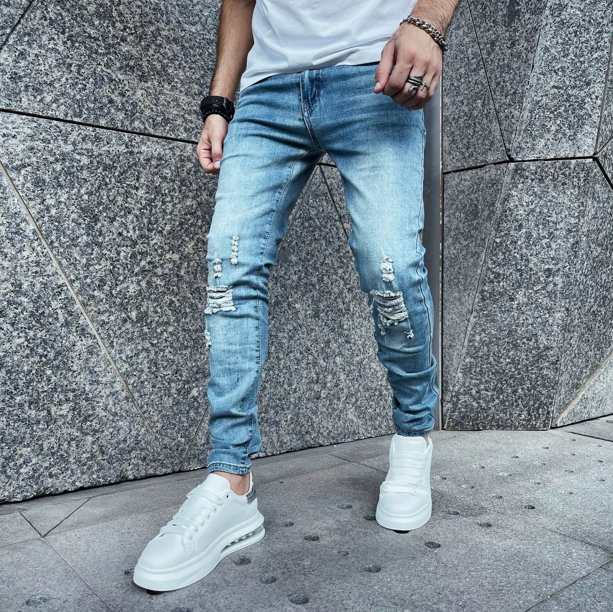 Men Stylish Ripped Jeans Pants Biker Skinny Slim Straight Frayed Denim  Trousers New Fashion Skinny Jeans Men Clothes Je size L Color 11059