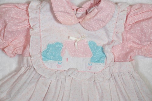 Vtg 80s Mayfair Pink White Pinafore Girls Dress Size 3T Ruffles House Applique - Picture 14 of 14