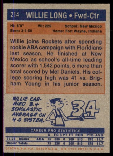 1972-73 Topps Basketball Willie Long (A) Denver Rockets #214 - Picture 2 of 2