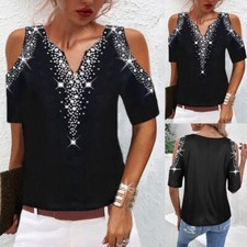 Womens V Neck Pullover Casual Loose T Shirt Short Sleeve Ladies Party Top Blouse