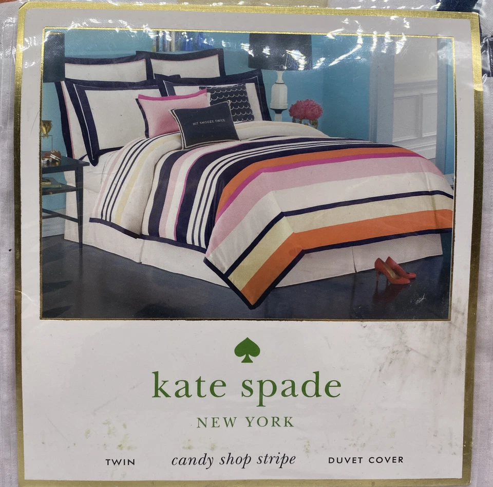 全新 Kate Spade 糖果店条纹双被套 全新带盒 — 第 2/4 张图片