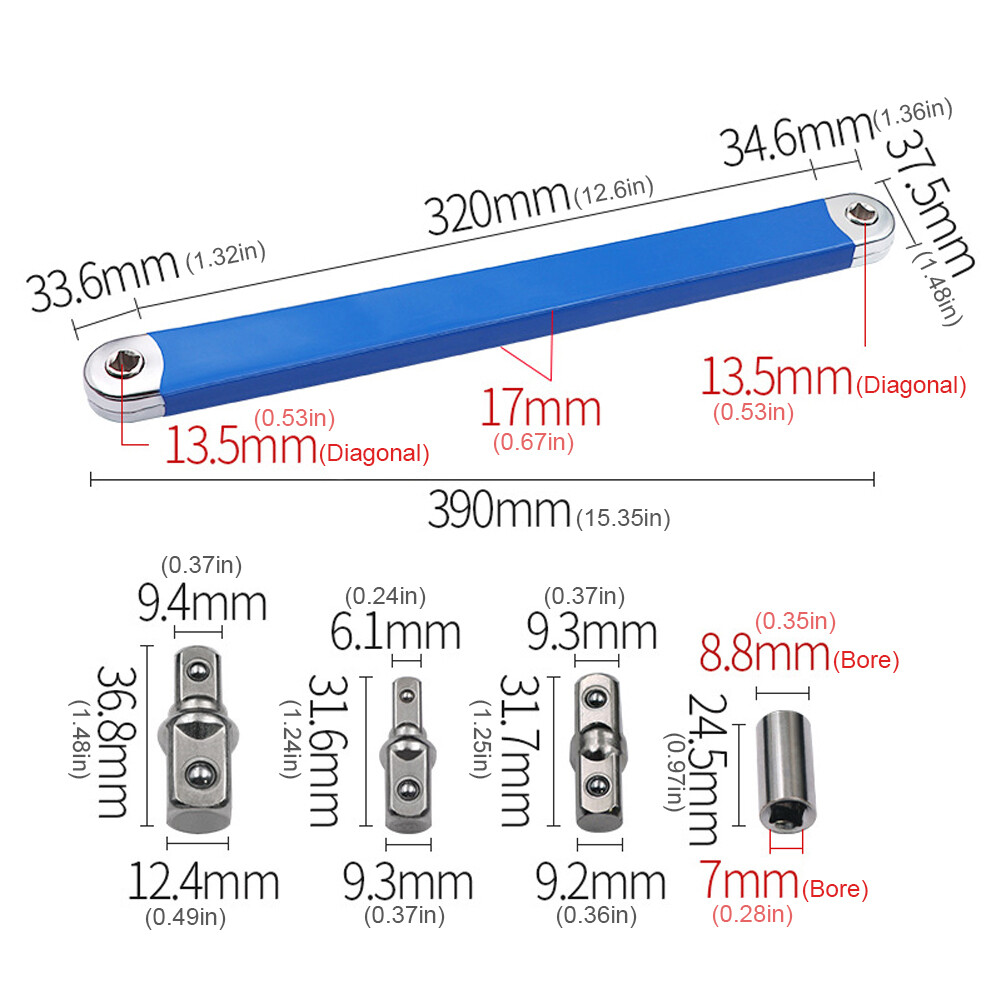 MichaelPro Offset-Verlängerungsschlüssel – Mit 1/4“ & 3/8“ Adapter – Für Enge Räume, Bis 130 Nm – Länge 340 Mm