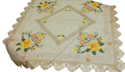 VITERBOSHOP Centro Quadrato Tris Centrini Runner Cotone Ecrù Ricamo Floreale Moderno Elegant