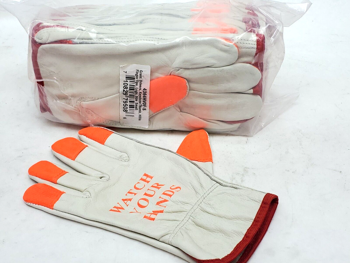 12-Pr Cow Leather Drivers Gloves Hi-Vis Orange Tips Watch Your