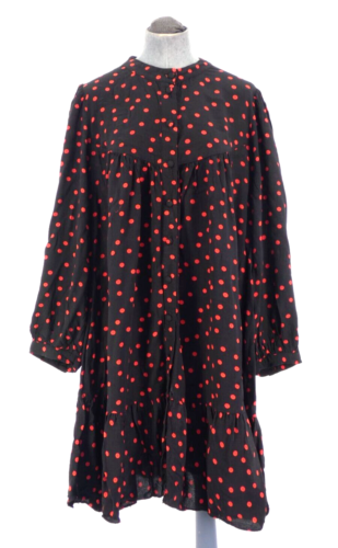 Zara Babydoll Shirt Dress Black Polka Dot Tiered Relaxed Puff Long Sleeve XL - Afbeelding 1 van 15