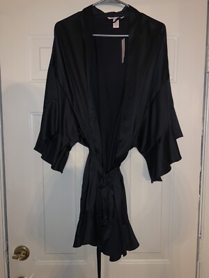 Victoria's Secret Black Satin Kimono Robe VS New XL Sexy Chic Boho