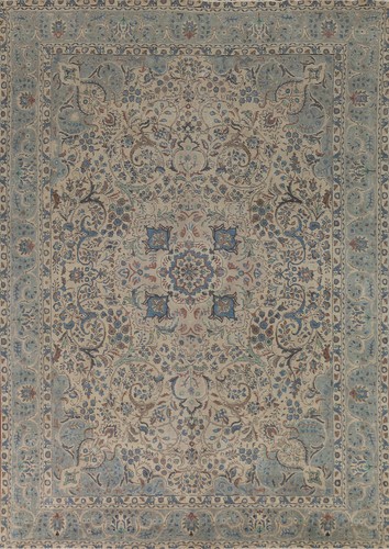 Floral Beige Wool Medallion Tebriz Area Rug 10x13 Traditional Hand-made Carpet