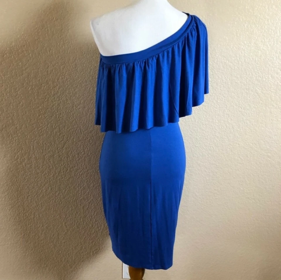 Three Dots Ruffle One Shoulder Knit Blue Bodycon Cocktail Dress S New - Image 4 of 4