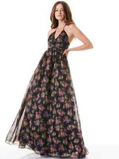 ALICE + OLIVIA SAORI MAGNOLIA FLORAL BLACK SILK MAXI PRINCESS GOWN SIZE 2 NWT