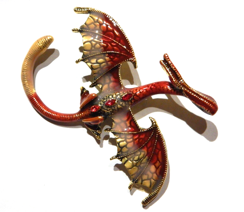 RED FIRE DRAGON BROOCH or PENDANT drake wyvern enamel crystal pin fantasy 6C - Picture 3 of 5