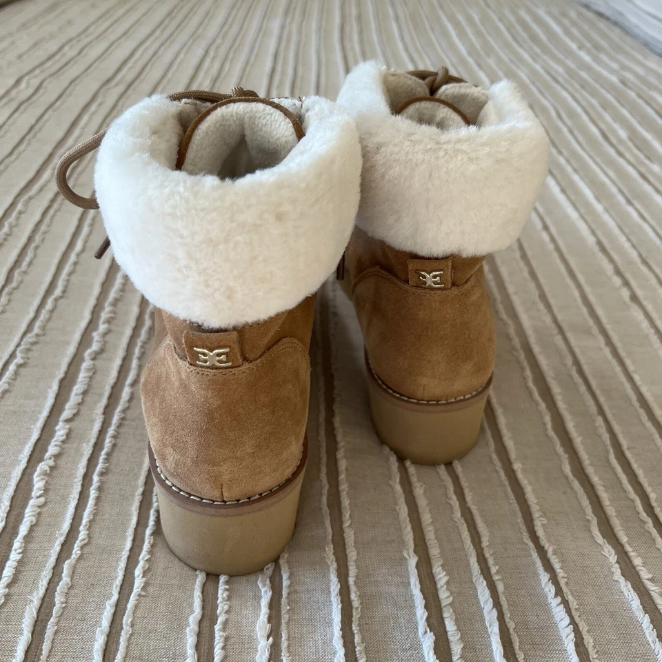 Sam Edelman Franc на танкетке стриженный мех ботинки середины подъема размер 7 шнурует вверх EUC едва носили - Изображение 2 из 4