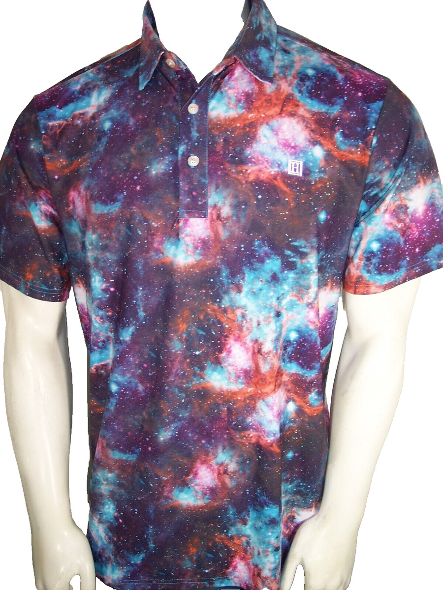 Hreski Medium Poly/Spandex Outer Space Galaxy Golf Shirt