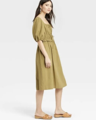 Universal Thread Women's S Small Dress Green Puff Short Sleeve Pockets Midi New