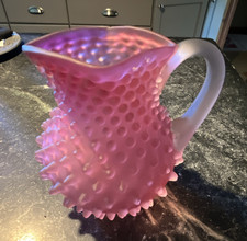 Unmarked Pink White Frosted Hobnail Glass Pitcher, 10 oz, Handle