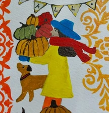 GAT Expressionism Original Painting 4x6  Whimsical Animals Dog Pumpkin Girl Fall