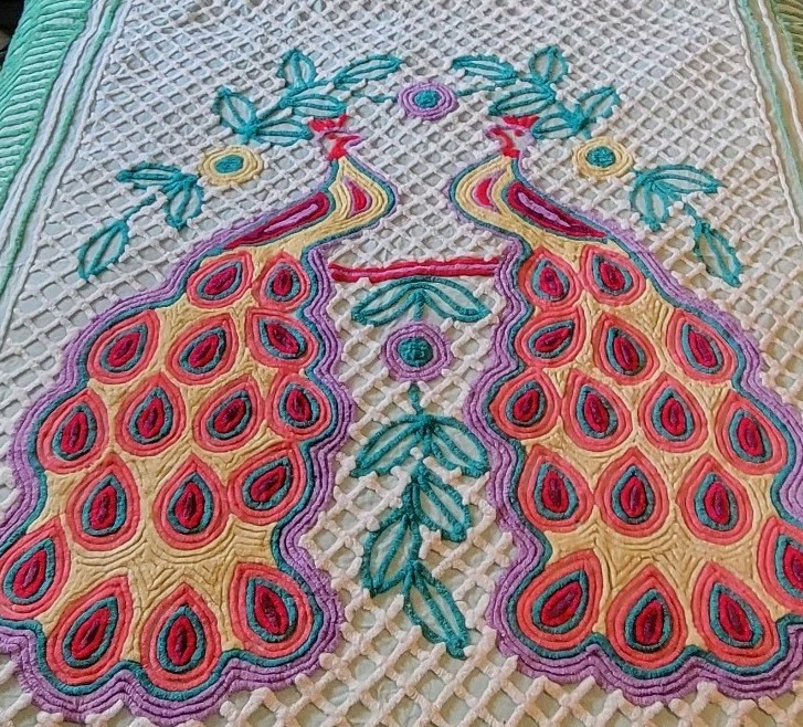 Double Peacock Chenille Bedspread Vtg 1950s Seafoam Green Queen