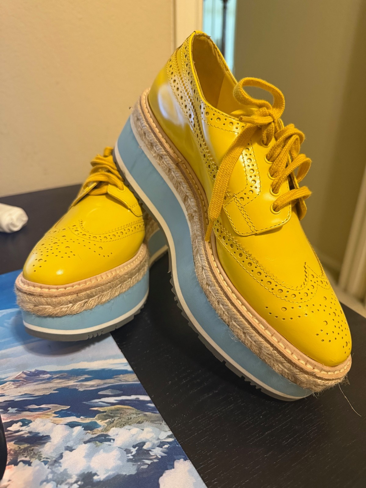 Prada Yellow Leather Brogue Platform Derby Shoes for Women-image