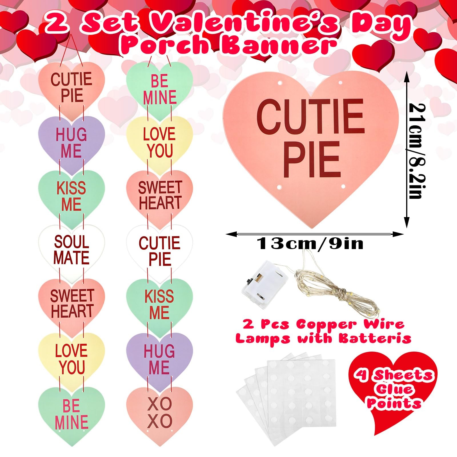 2 Pcs Valentine s Day Decoration Outdoor Lighted Conversation Hearts Hanging ... thumbnail 2