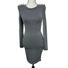 Fashion Nova Bodycon Dress Small Black Metallic Long Sleeve Button Shoulder