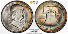 1956 Franklin Half Dollar PCGS MS66FBL  Vivid Rainbow Lusterbomb Reverse Mounted