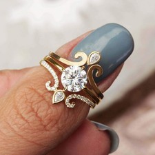 Round Cut Simulated Diamond Bridal Set Engagement Ring In 14k Yellow Gold Plated