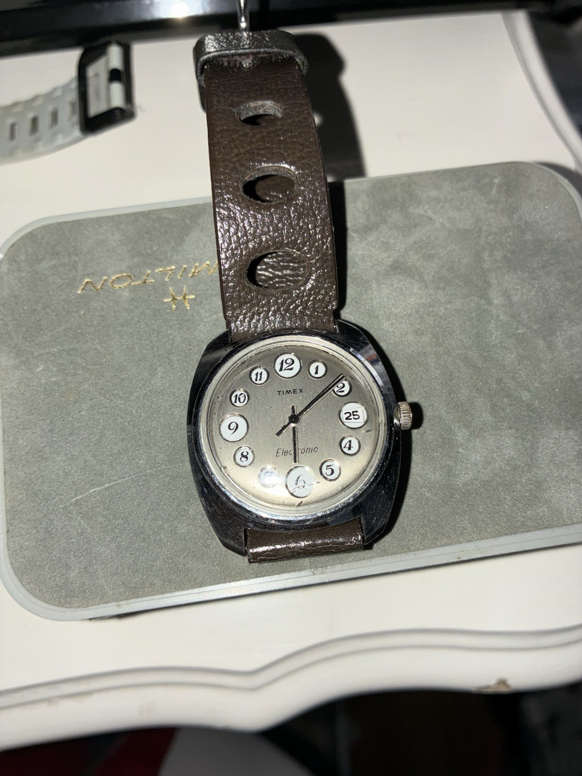 Timex Electronic Quartz Analog Watch Silver Dial Brown Leather Strap Date