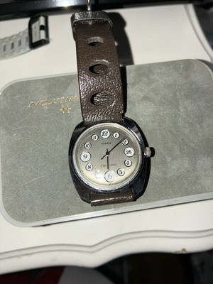 Timex Electronic Quartz Analog Watch Silver Dial Brown Leather Strap Date
