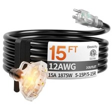 15 ft 12 Gauge Heavy Duty 3 Outlet Extension Cord Splitter with 15 FT Black