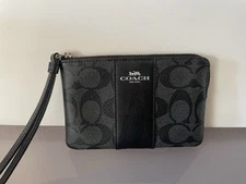 Coach Corner Zip Wristlet in Signature Canvas Leather Stripe Gunmetal Black COA