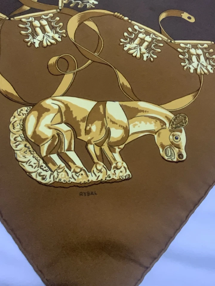 HERMES "Les Cavalier D’or " X Raybal Hand-Rolled 100% Silk Brown & Gold PVGC - Image 4 of 4