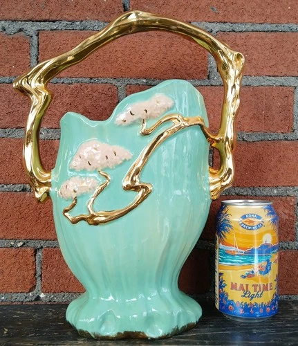 Roseville Ming Tree 509-12 Basket, Mint w/ Rare Gold Accents Vintage Art Pottery