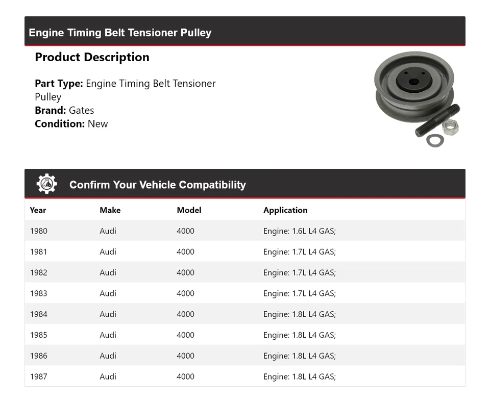 For 1980-1987 Audi 4000 Engine Timing Belt Tensioner Pulley Gates 1981 1982 1983 - Image 2 of 4