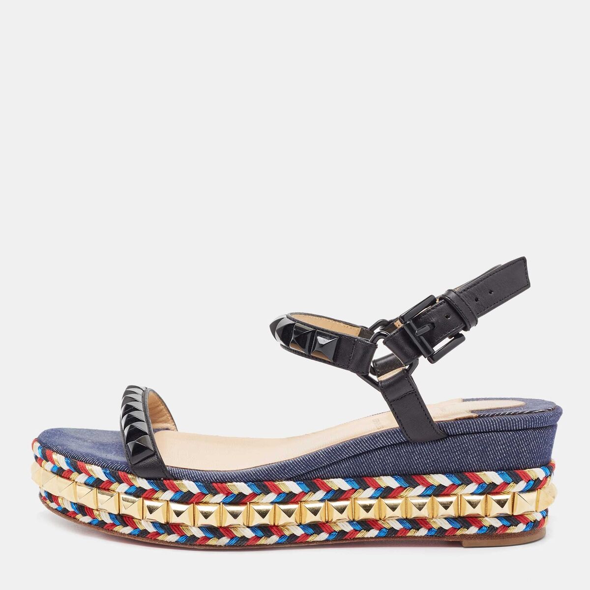 Christian Louboutin Black/Blue Leather And Denim Pyraclou Christian Louboutin Black/Blue Leather And Denim Pyraclou