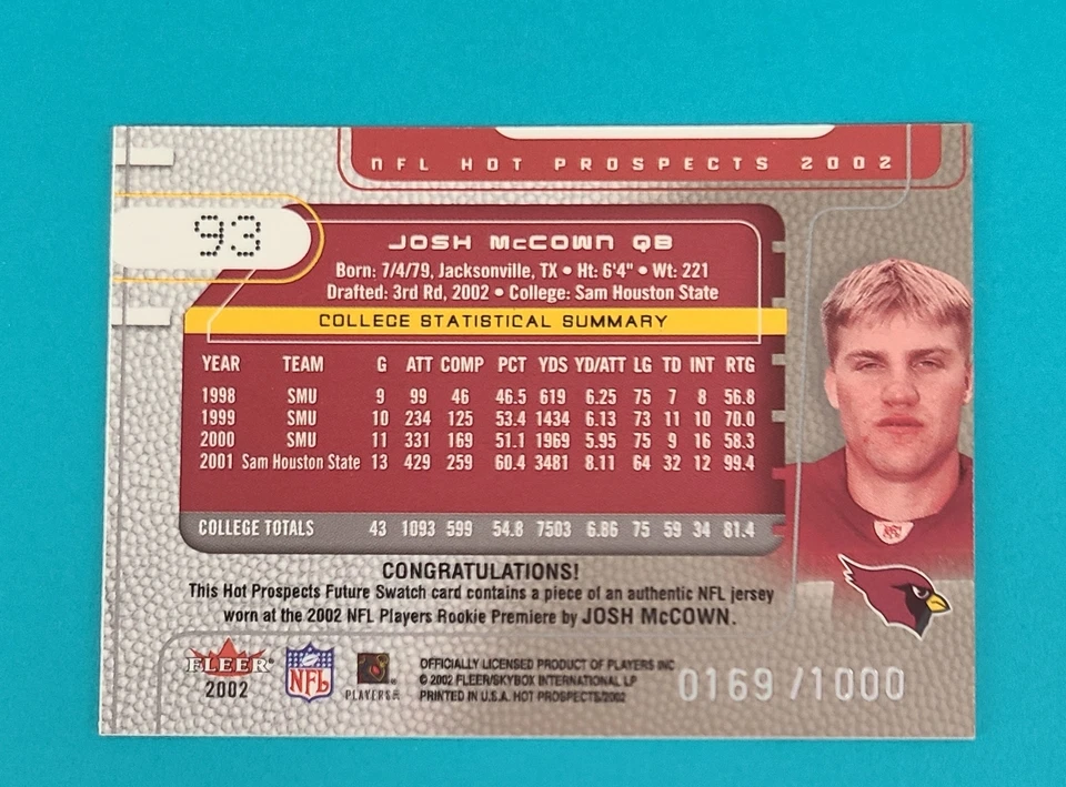 2002 Fleer Hot Prospects /1000 RELIC RC #93 Josh McCown FOOTBALL Card Y9 - Image 2 of 2