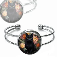Black Cat Floral Silver Cuff Bracelet Vintage Art Print Cat Lover Gift