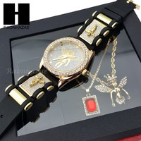 Men Iced Out Watch & Ruby, Crown Angel Pendant Rope Box Chain Gift Set Ss78 Men Iced Out Watch & Ruby, Crown Angel Pendant Rope Box Chain Gift Set Ss78
